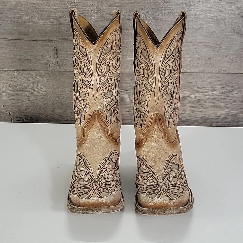 Girls Corral Tan Cut-Out Western Boots Sz 4.5